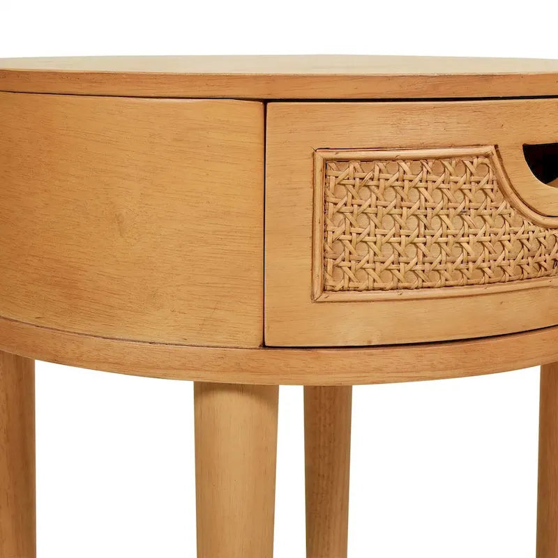 Brown Oak Round Side Table - 18" Cane Rattan with Drawer