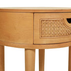 Brown Oak Round Side Table - 18" Cane Rattan with Drawer