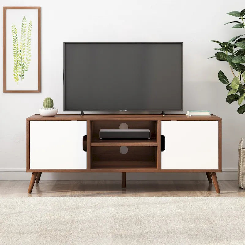 Mid-Century Modern White and Walnut TV Stand with 3 Drawers for TVs Up to 49