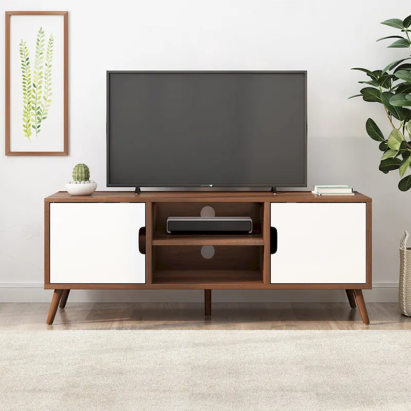 Mid-Century Modern White and Walnut TV Stand with 3 Drawers for TVs Up to 49