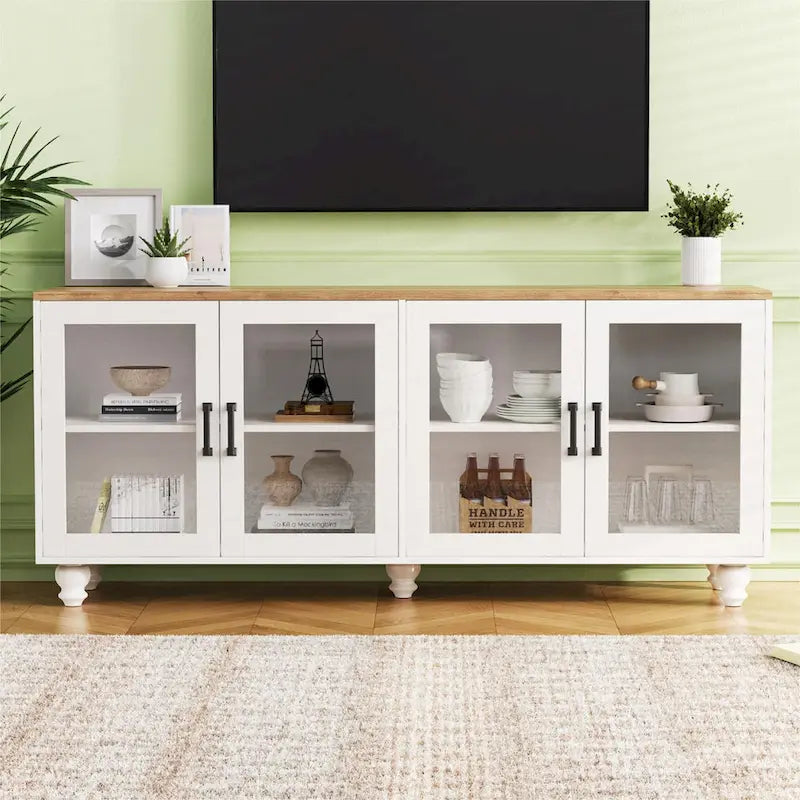 TV Stand for TVs Up to 70,Versatile Sideboard,Adjustable Shelves,Tempered Glass Doors,Buffet Cabinet with 5 Gourd-Shaped Legs