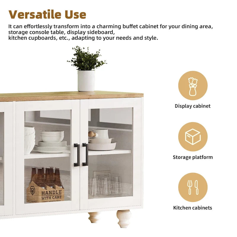 TV Stand for TVs Up to 70,Versatile Sideboard,Adjustable Shelves,Tempered Glass Doors,Buffet Cabinet with 5 Gourd-Shaped Legs