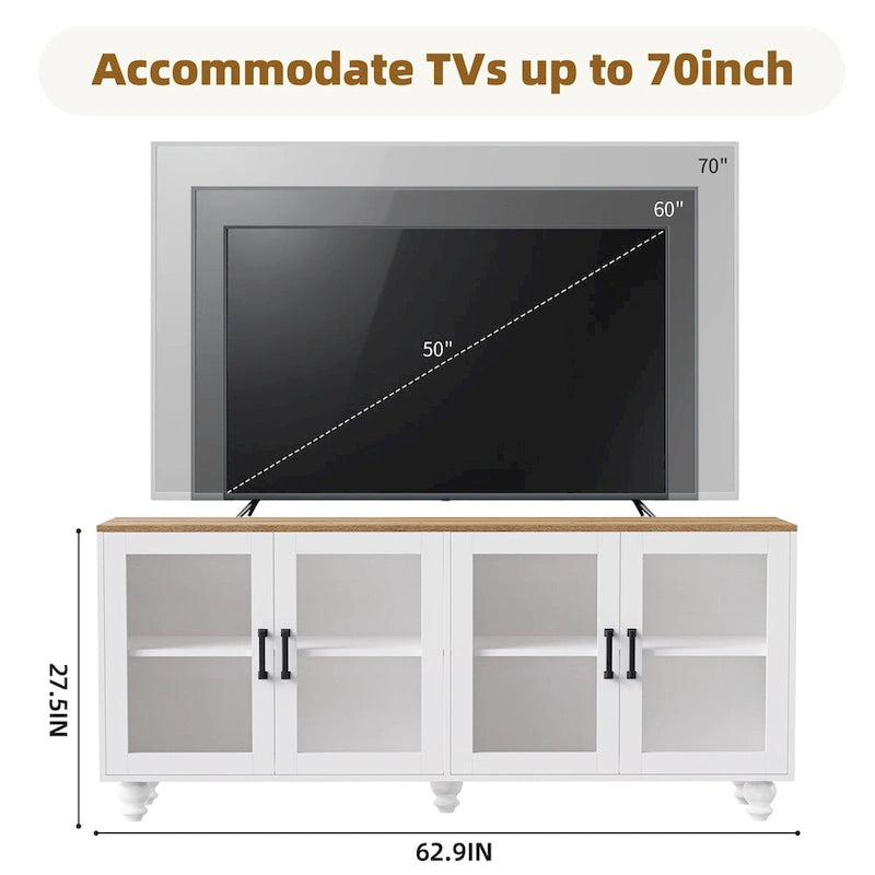 TV Stand for TVs Up to 70,Versatile Sideboard,Adjustable Shelves,Tempered Glass Doors,Buffet Cabinet with 5 Gourd-Shaped Legs