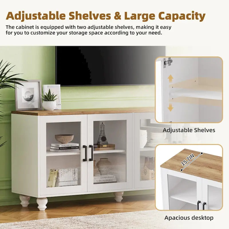 TV Stand for TVs Up to 70,Versatile Sideboard,Adjustable Shelves,Tempered Glass Doors,Buffet Cabinet with 5 Gourd-Shaped Legs