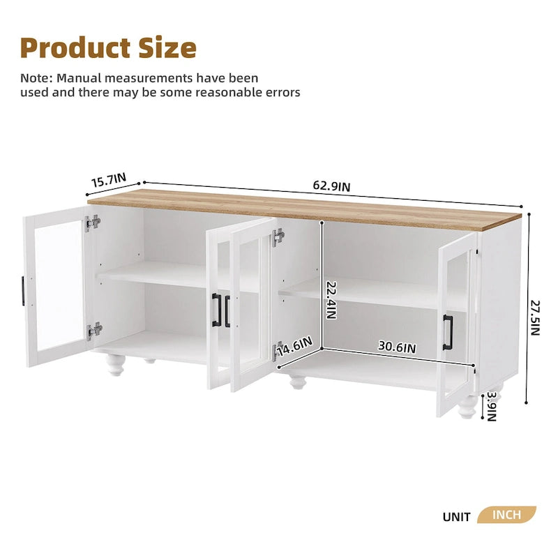 TV Stand for TVs Up to 70,Versatile Sideboard,Adjustable Shelves,Tempered Glass Doors,Buffet Cabinet with 5 Gourd-Shaped Legs