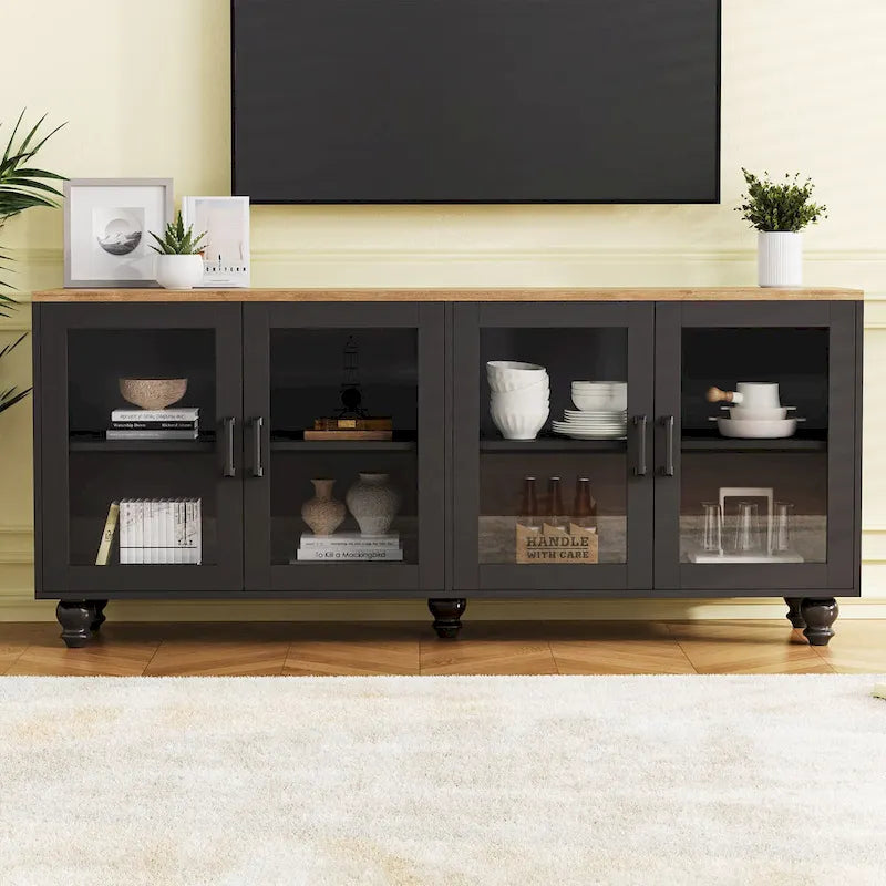 TV Stand for TVs Up to 70,Versatile Sideboard,Adjustable Shelves,Tempered Glass Doors,Buffet Cabinet with 5 Gourd-Shaped Legs