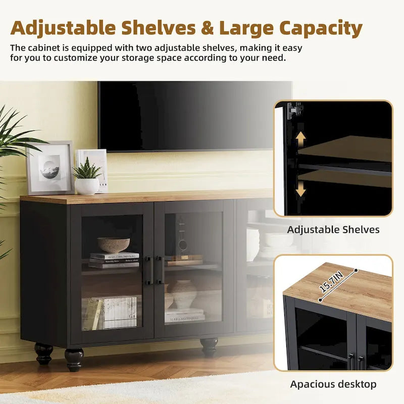 TV Stand for TVs Up to 70,Versatile Sideboard,Adjustable Shelves,Tempered Glass Doors,Buffet Cabinet with 5 Gourd-Shaped Legs