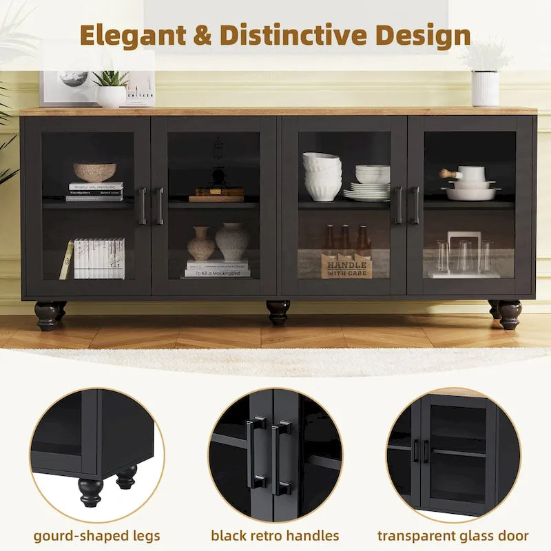 TV Stand for TVs Up to 70,Versatile Sideboard,Adjustable Shelves,Tempered Glass Doors,Buffet Cabinet with 5 Gourd-Shaped Legs