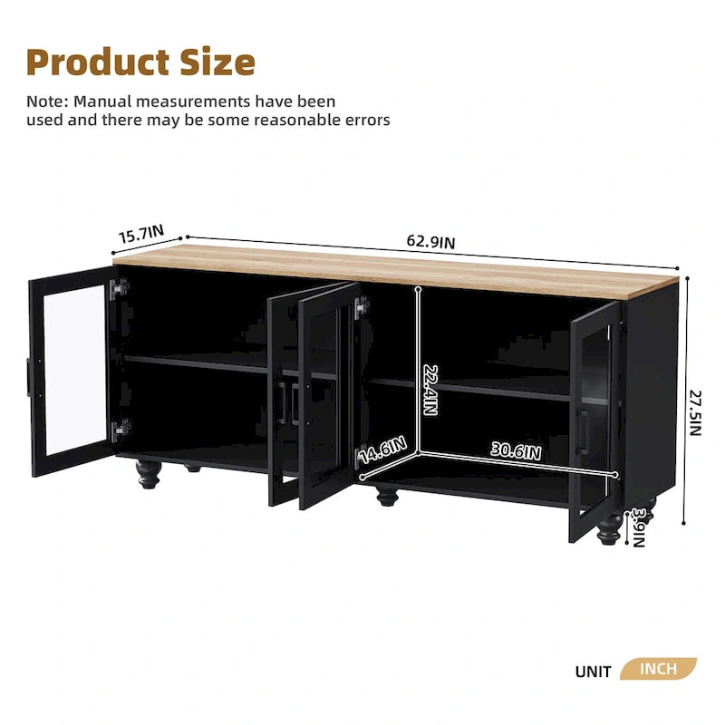 TV Stand for TVs Up to 70,Versatile Sideboard,Adjustable Shelves,Tempered Glass Doors,Buffet Cabinet with 5 Gourd-Shaped Legs