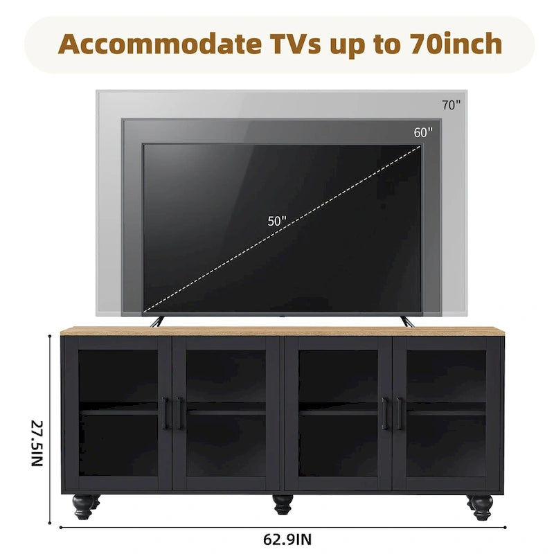 TV Stand for TVs Up to 70,Versatile Sideboard,Adjustable Shelves,Tempered Glass Doors,Buffet Cabinet with 5 Gourd-Shaped Legs