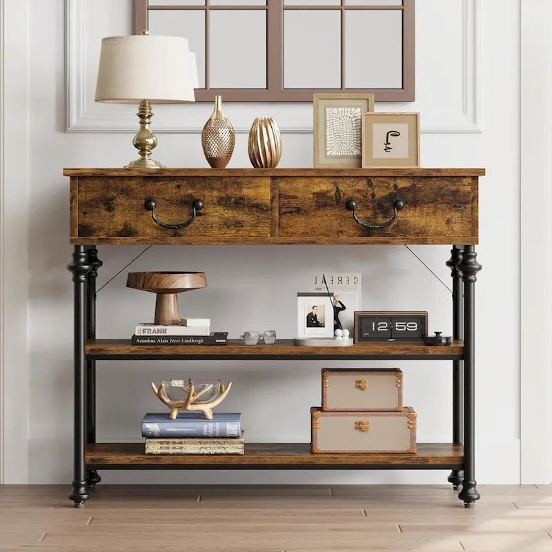 Small Entryway Table with 2 Drawers, Narrow Console Table with Storage Shelves for Living Room