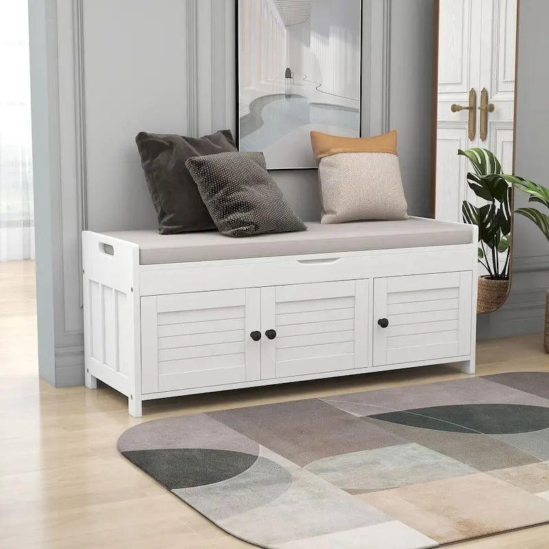 Farmhouse 3-Door Upholstered Shoe Bench with Removable Cushion and Hidden Storage Space