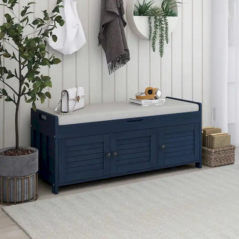 Farmhouse 3-Door Upholstered Shoe Bench with Removable Cushion and Hidden Storage Space