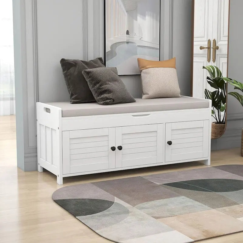 Farmhouse 3-Door Upholstered Shoe Bench with Removable Cushion and Hidden Storage Space