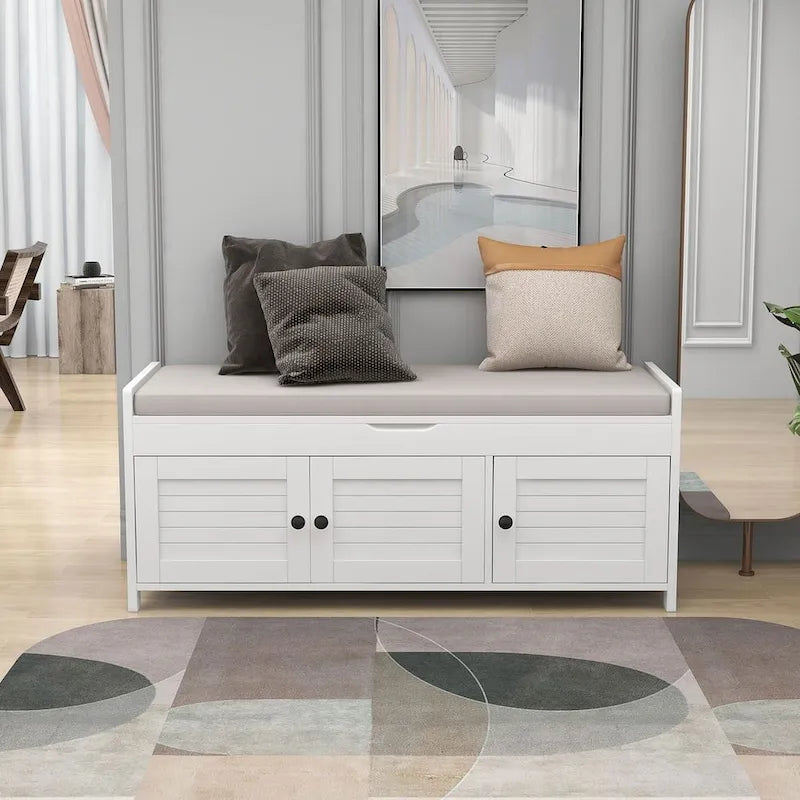 Farmhouse 3-Door Upholstered Shoe Bench with Removable Cushion and Hidden Storage Space