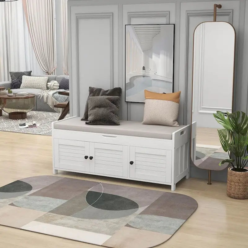 Farmhouse 3-Door Upholstered Shoe Bench with Removable Cushion and Hidden Storage Space