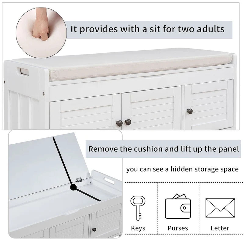 Farmhouse 3-Door Upholstered Shoe Bench with Removable Cushion and Hidden Storage Space