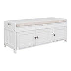 Farmhouse 3-Door Upholstered Shoe Bench with Removable Cushion and Hidden Storage Space