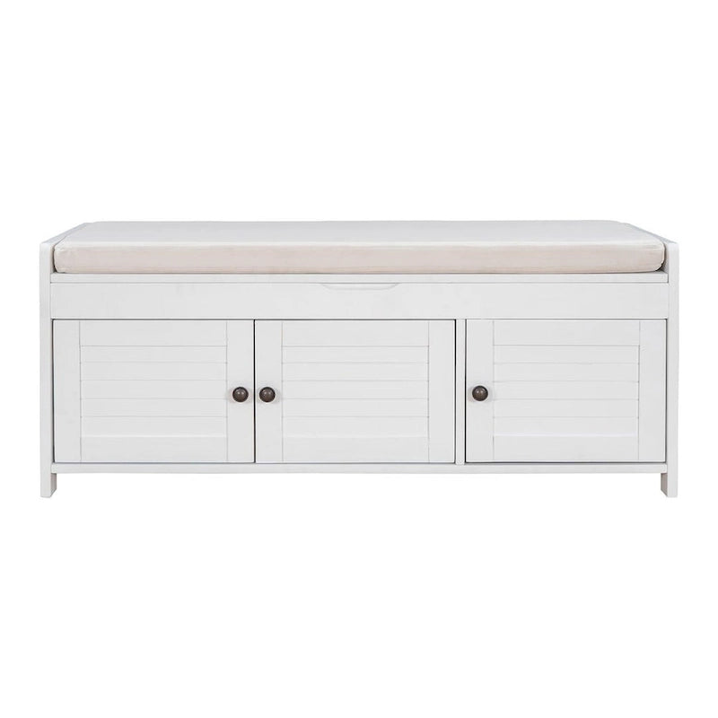 Farmhouse 3-Door Upholstered Shoe Bench with Removable Cushion and Hidden Storage Space