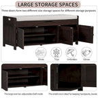 Farmhouse 3-Door Upholstered Shoe Bench with Removable Cushion and Hidden Storage Space