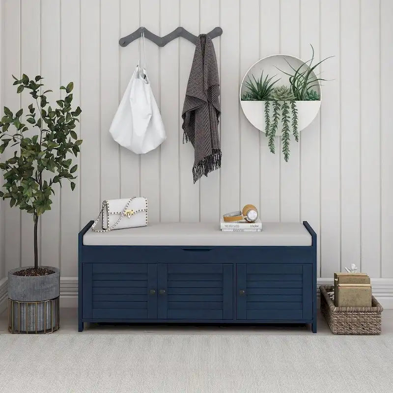 Farmhouse 3-Door Upholstered Shoe Bench with Removable Cushion and Hidden Storage Space