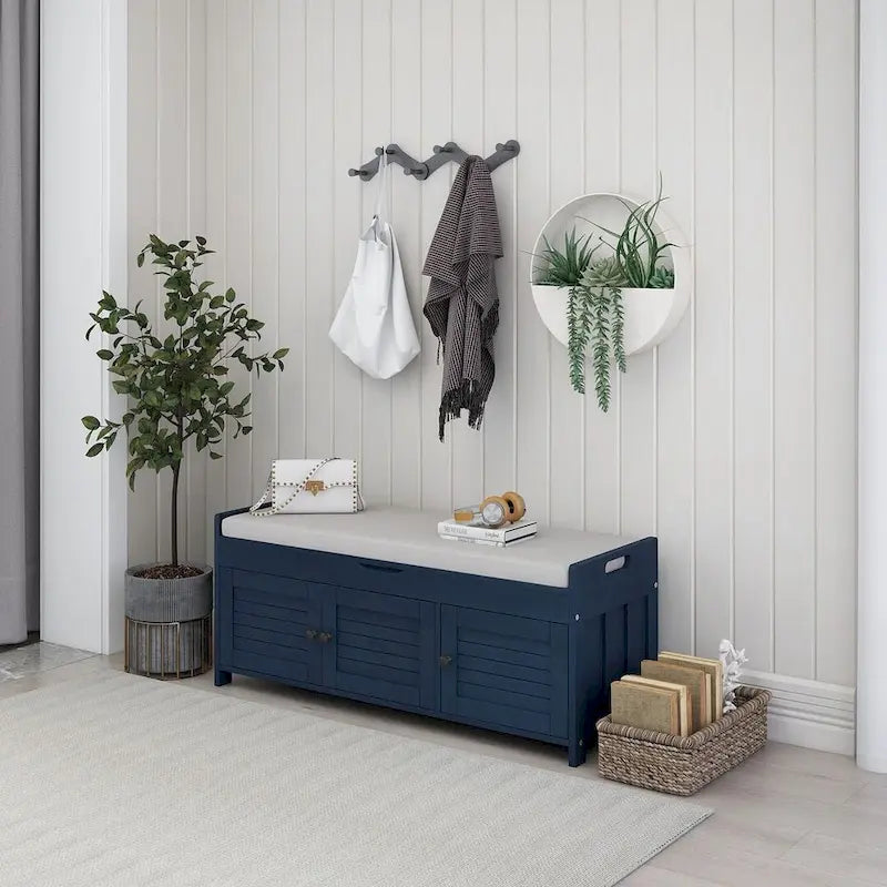 Farmhouse 3-Door Upholstered Shoe Bench with Removable Cushion and Hidden Storage Space