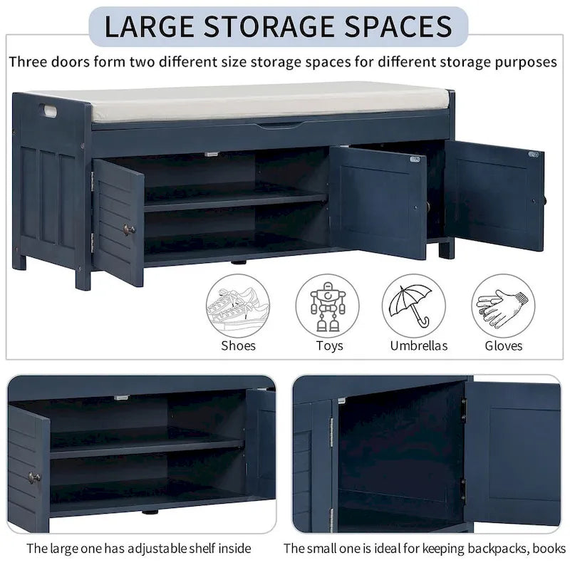 Farmhouse 3-Door Upholstered Shoe Bench with Removable Cushion and Hidden Storage Space