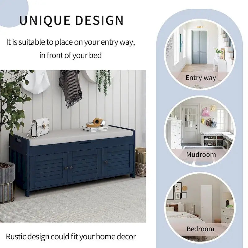 Farmhouse 3-Door Upholstered Shoe Bench with Removable Cushion and Hidden Storage Space