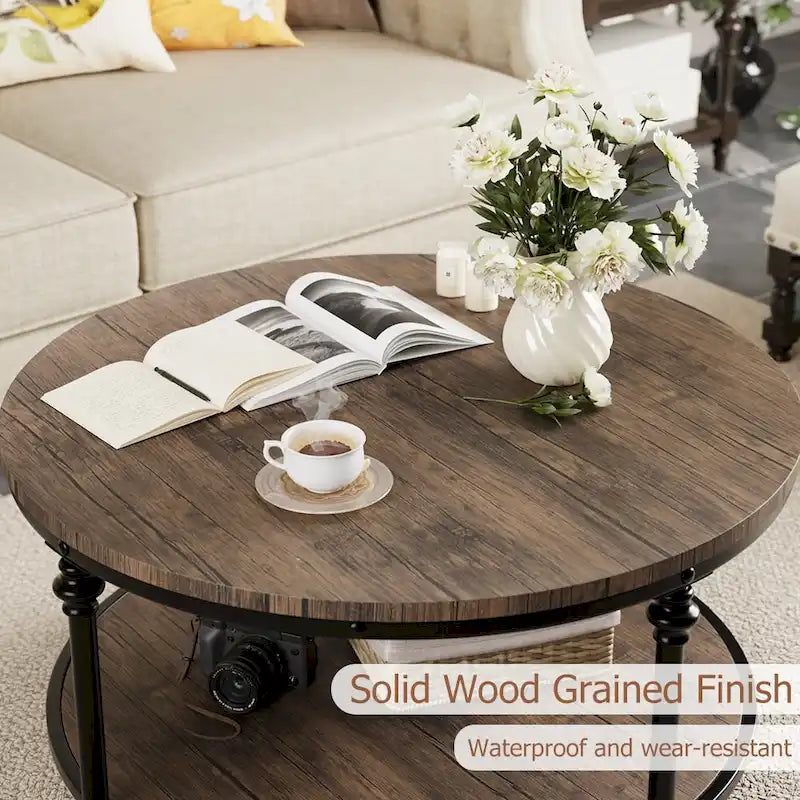 Round Coffee Table Living Room Rustic Circle Center Table with Storage Shelf