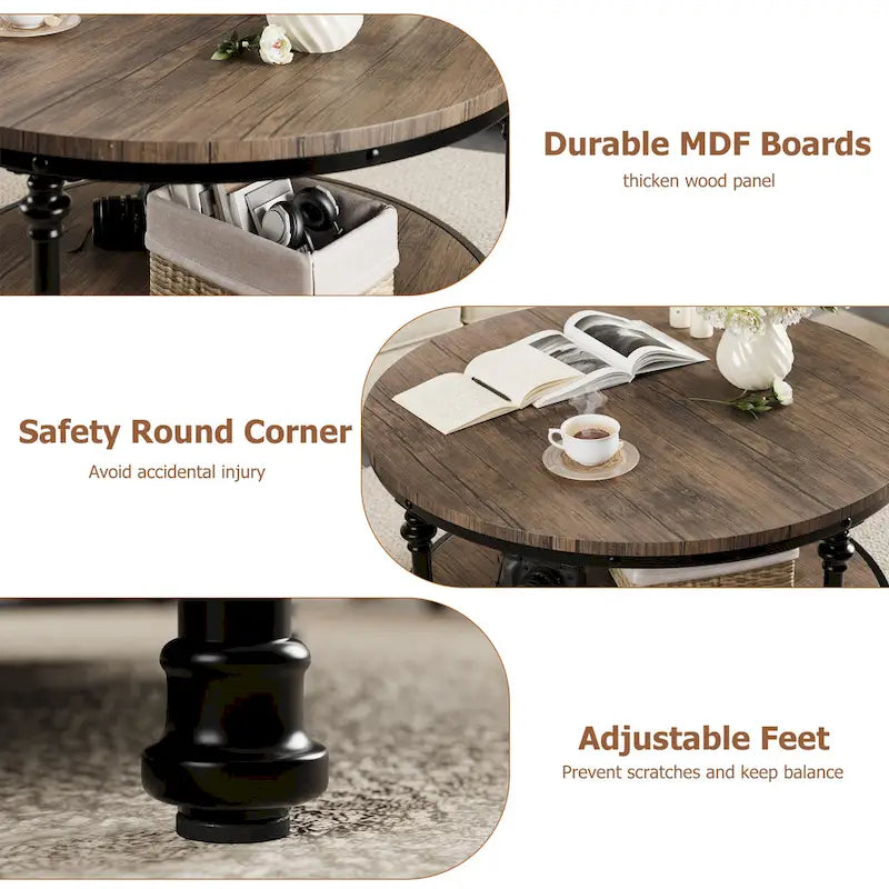 Round Coffee Table Living Room Rustic Circle Center Table with Storage Shelf