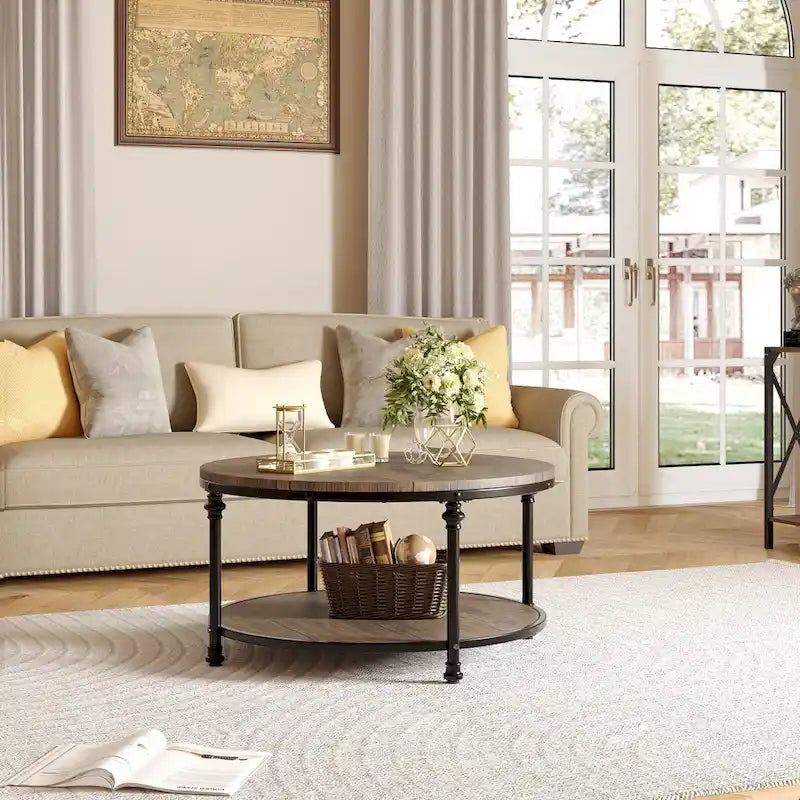 Round Coffee Table Living Room Rustic Circle Center Table with Storage Shelf