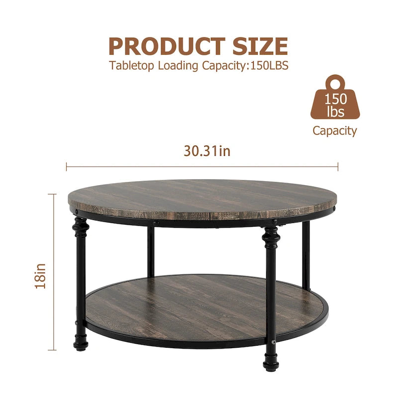 Round Coffee Table Living Room Rustic Circle Center Table with Storage Shelf