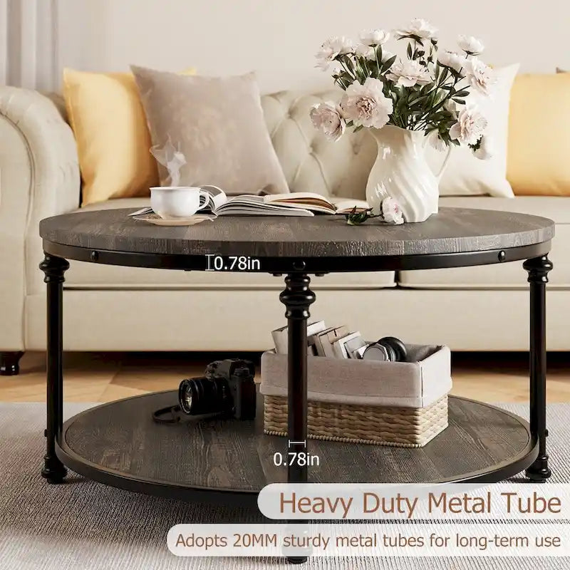 Round Coffee Table Living Room Rustic Circle Center Table with Storage Shelf