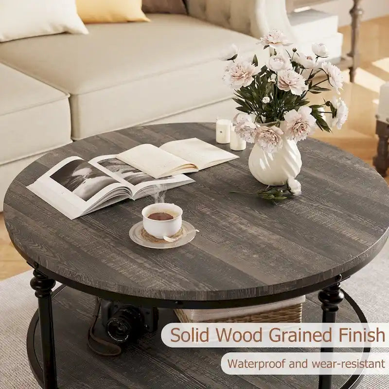 Round Coffee Table Living Room Rustic Circle Center Table with Storage Shelf