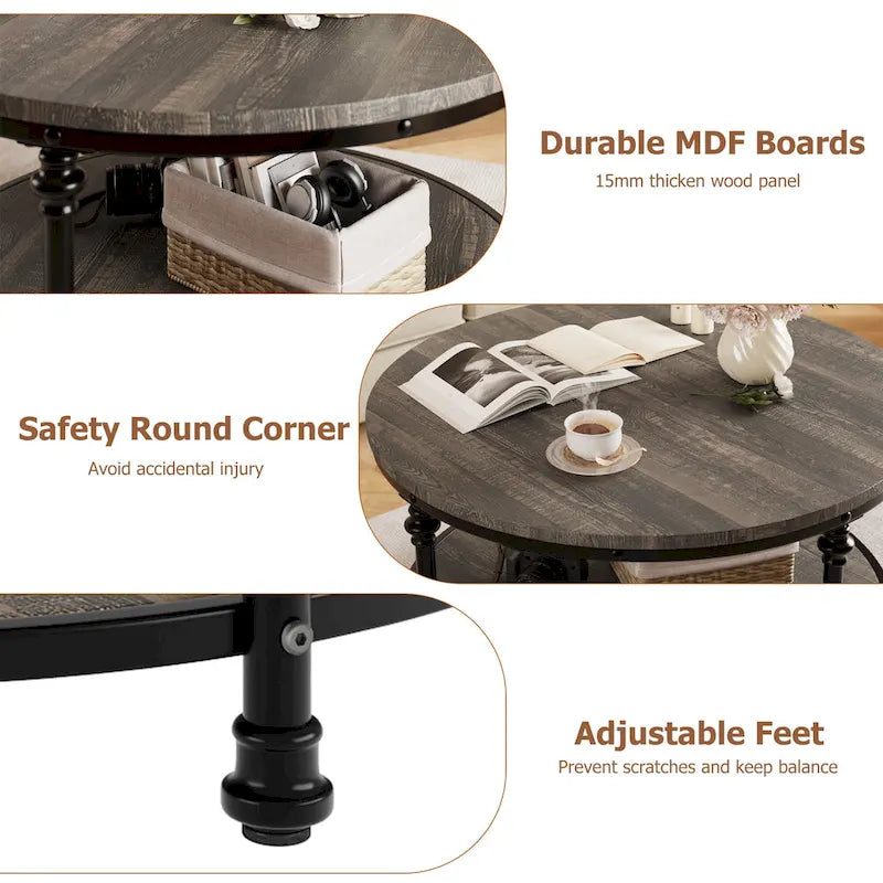 Round Coffee Table Living Room Rustic Circle Center Table with Storage Shelf