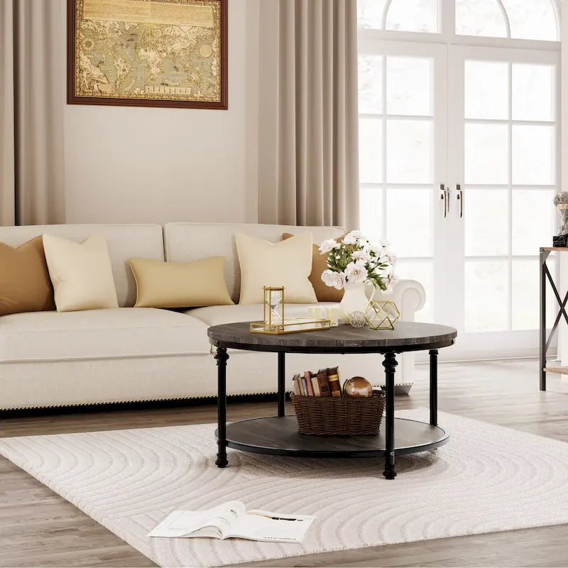 Round Coffee Table Living Room Rustic Circle Center Table with Storage Shelf