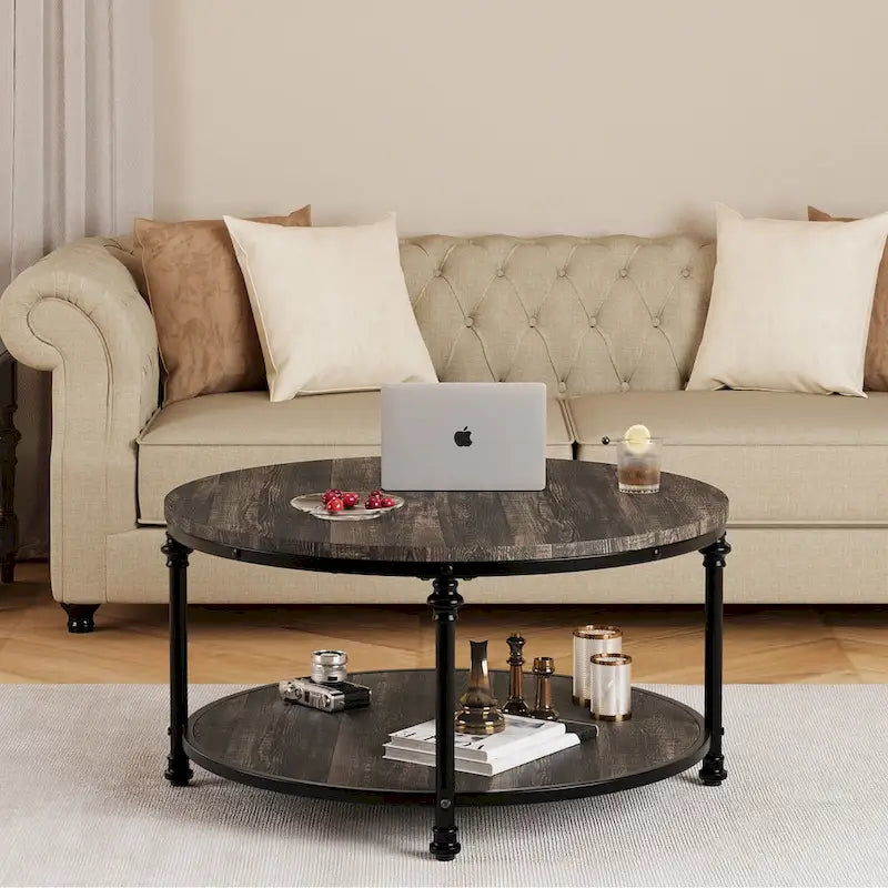 Round Coffee Table Living Room Rustic Circle Center Table with Storage Shelf