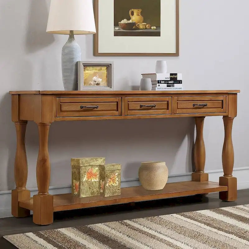 63 Solid Wood Console Table with 3 Drawers and 1 Bottom Shel