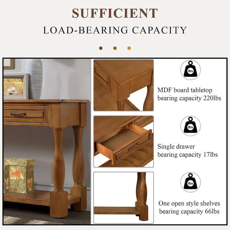 63 Solid Wood Console Table with 3 Drawers and 1 Bottom Shel