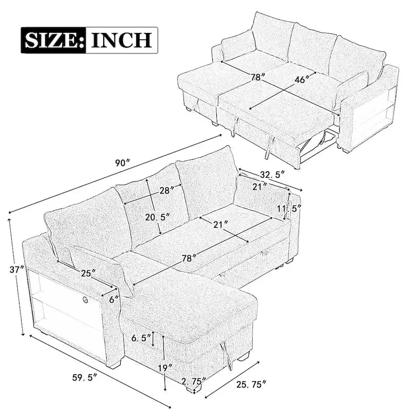 Pull Out Sleeper Sofa L-Shaped Couch Convertible Sofa Bed with Storage Chaise, Storage Racks and USB Ports