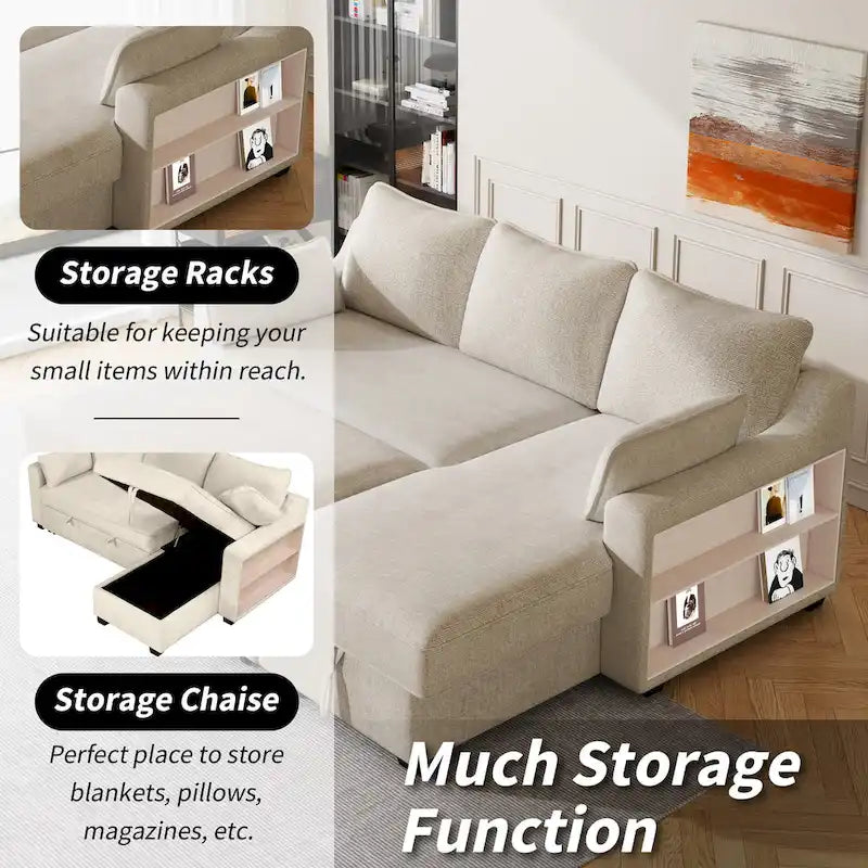 Pull Out Sleeper Sofa L-Shaped Couch Convertible Sofa Bed with Storage Chaise, Storage Racks and USB Ports