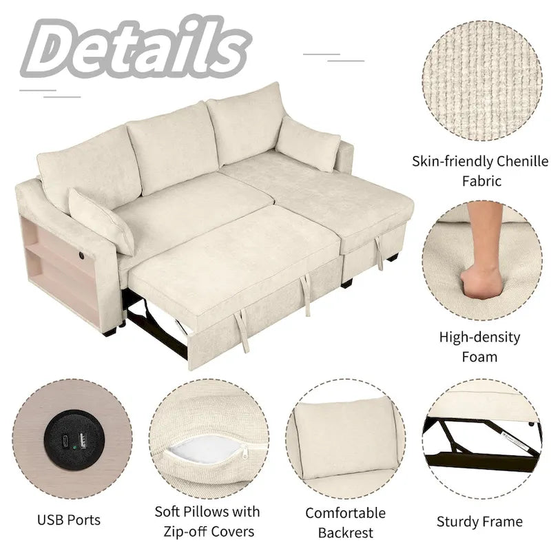 Pull Out Sleeper Sofa L-Shaped Couch Convertible Sofa Bed with Storage Chaise, Storage Racks and USB Ports