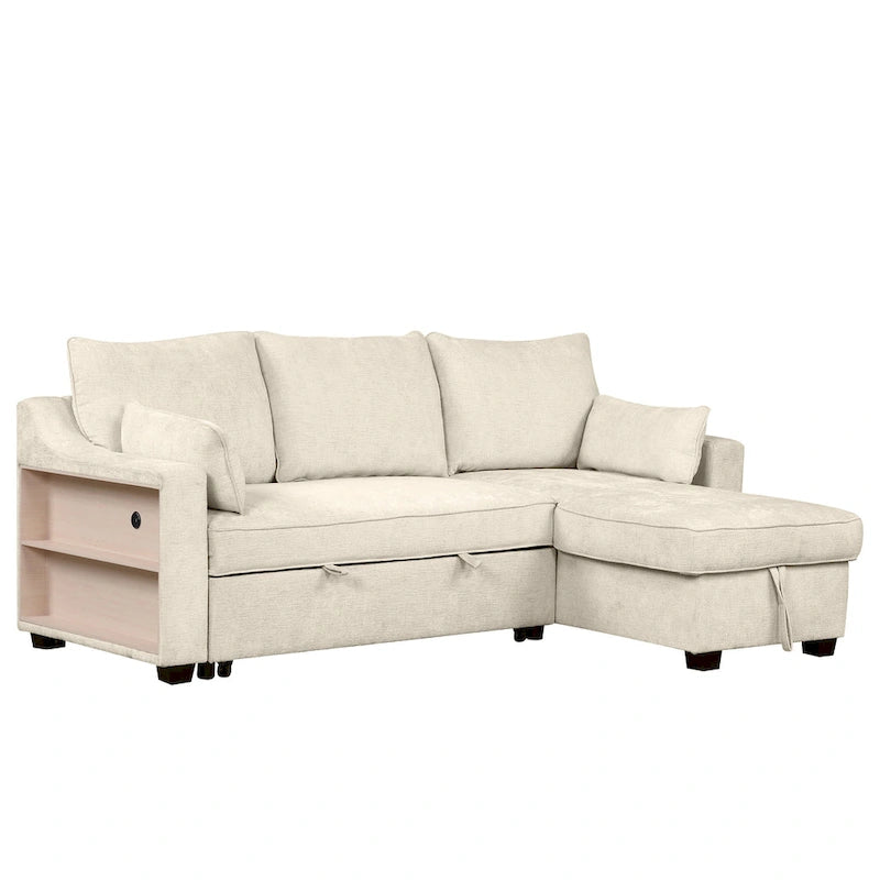 Pull Out Sleeper Sofa L-Shaped Couch Convertible Sofa Bed with Storage Chaise, Storage Racks and USB Ports