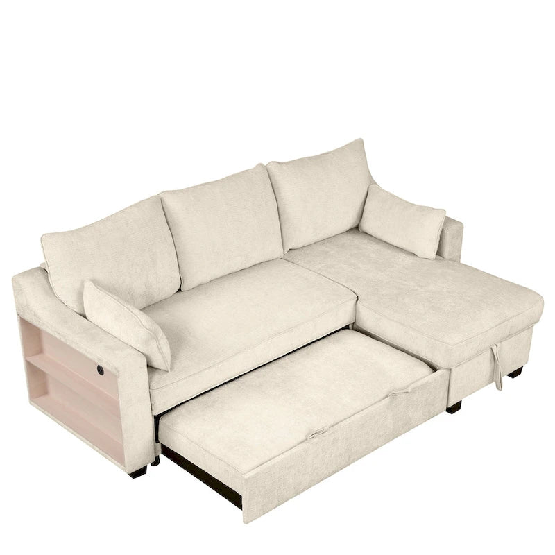 Pull Out Sleeper Sofa L-Shaped Couch Convertible Sofa Bed with Storage Chaise, Storage Racks and USB Ports