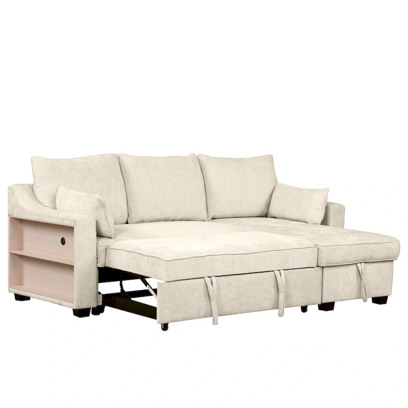 Pull Out Sleeper Sofa L-Shaped Couch Convertible Sofa Bed with Storage Chaise, Storage Racks and USB Ports