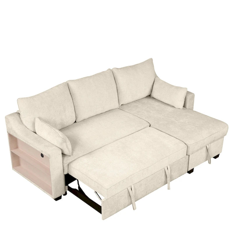 Pull Out Sleeper Sofa L-Shaped Couch Convertible Sofa Bed with Storage Chaise, Storage Racks and USB Ports