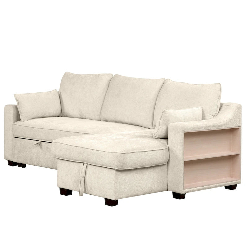 Pull Out Sleeper Sofa L-Shaped Couch Convertible Sofa Bed with Storage Chaise, Storage Racks and USB Ports