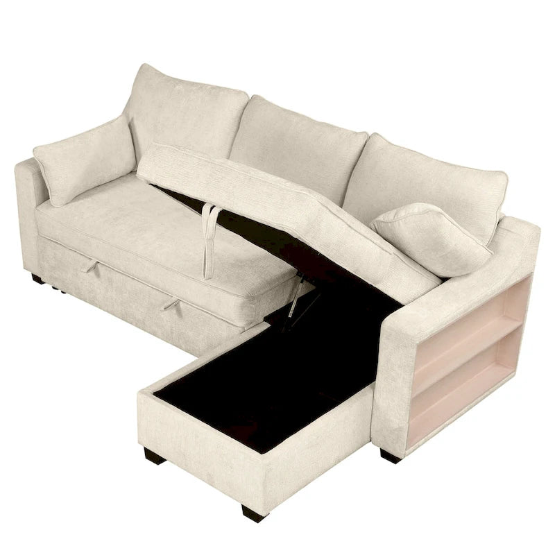 Pull Out Sleeper Sofa L-Shaped Couch Convertible Sofa Bed with Storage Chaise, Storage Racks and USB Ports