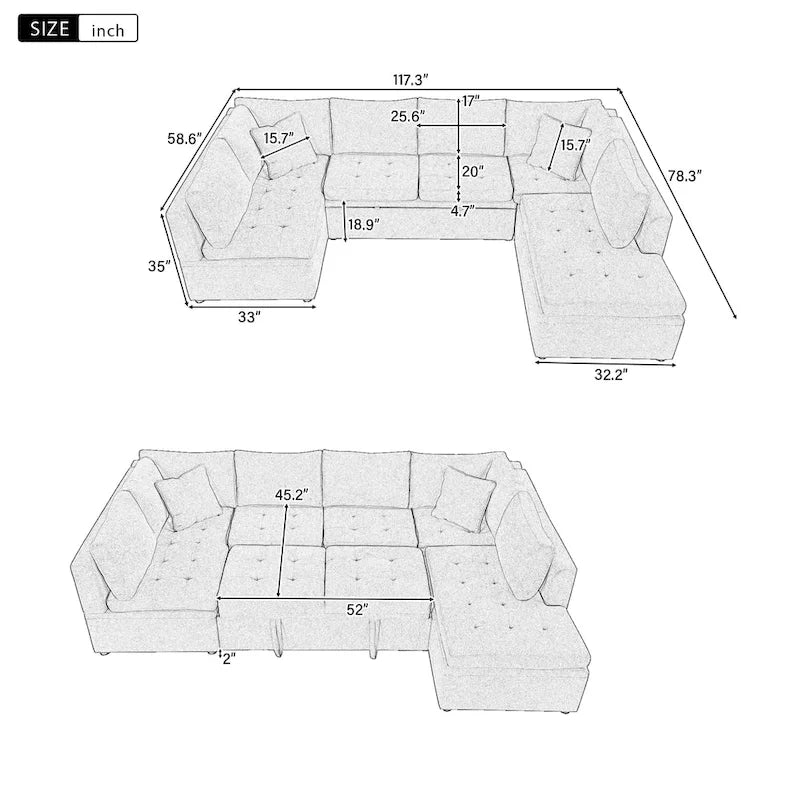 117.3 Oversized Sectional Sofa U- shaped Sofa Couch Pull-out Sofa Bed with Two Throw Pillows for Living Room, Beige
