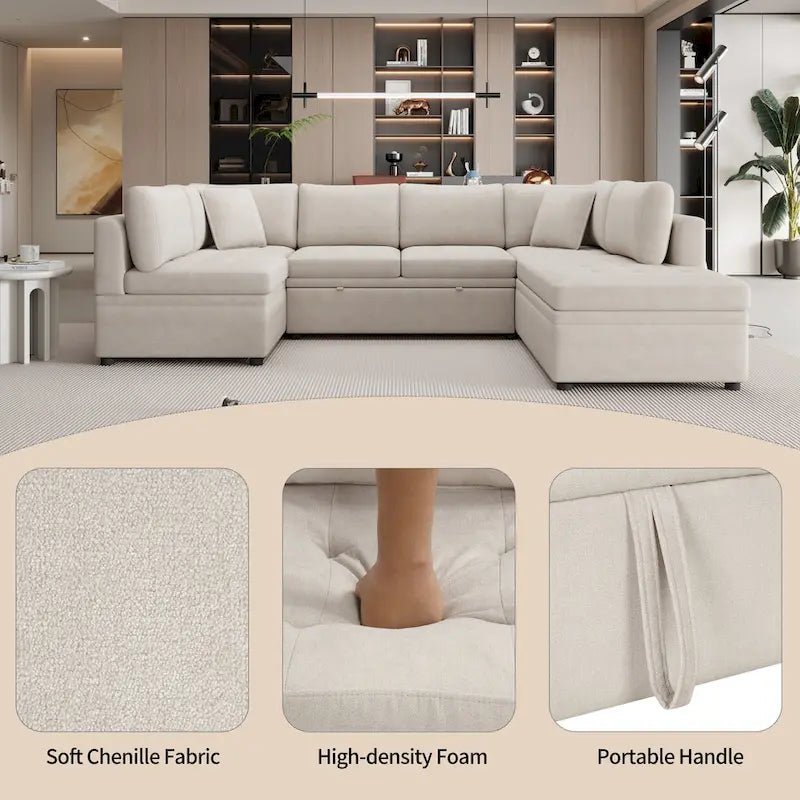 117.3 Oversized Sectional Sofa U- shaped Sofa Couch Pull-out Sofa Bed with Two Throw Pillows for Living Room, Beige
